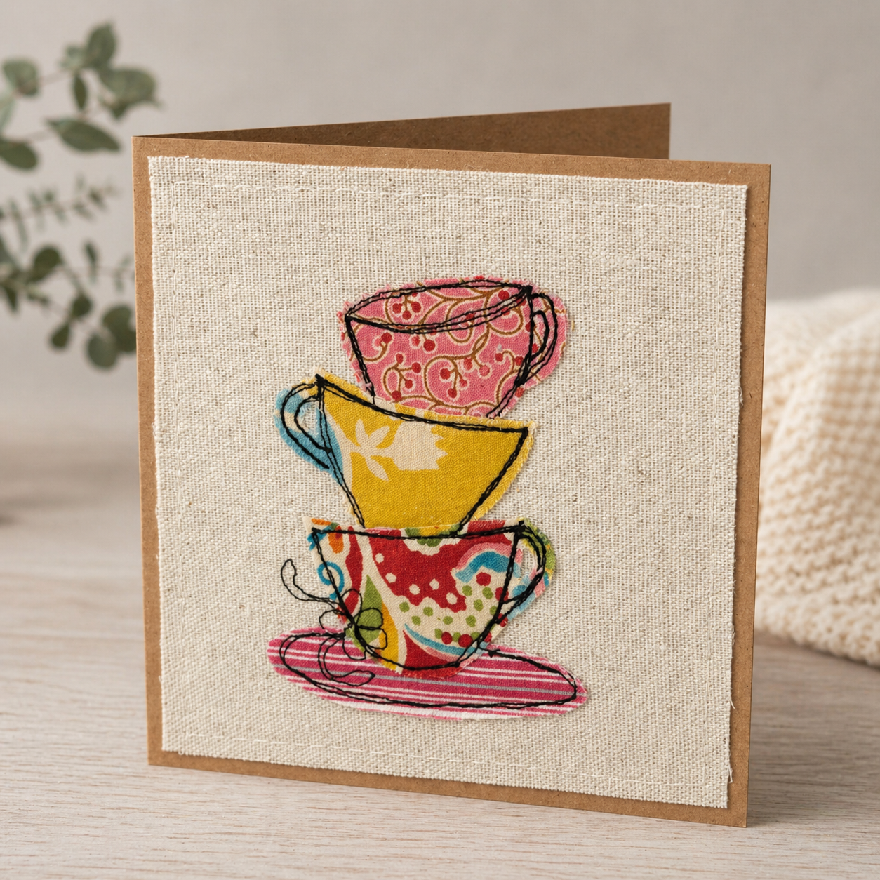 Fabric Greeting Card & Envelope| Teacups| 13cm x 13cm