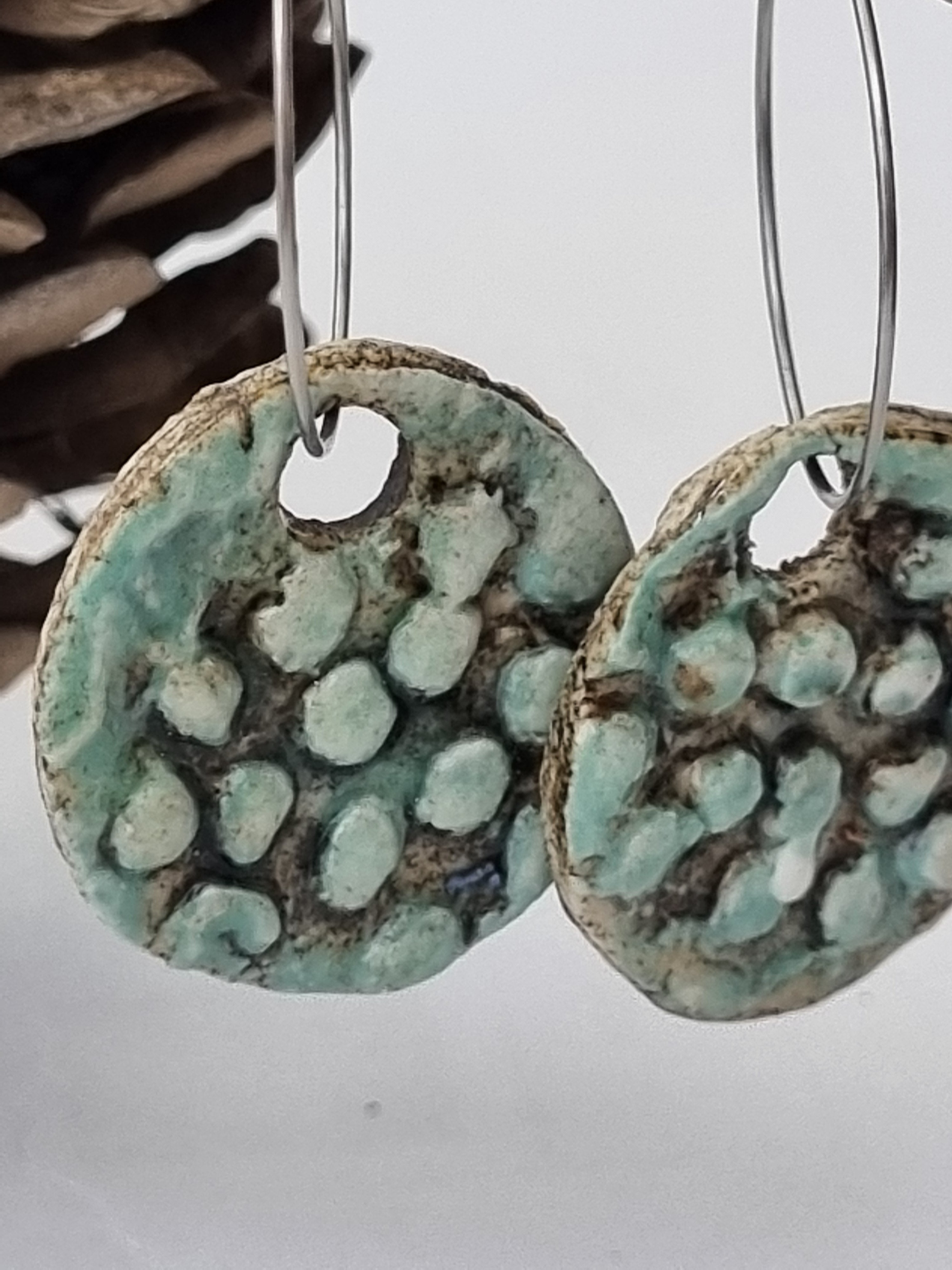Handmade Stoneware Ceramic Earrings, blue-green black multi-coloured, 28mm diameter, pierced ears