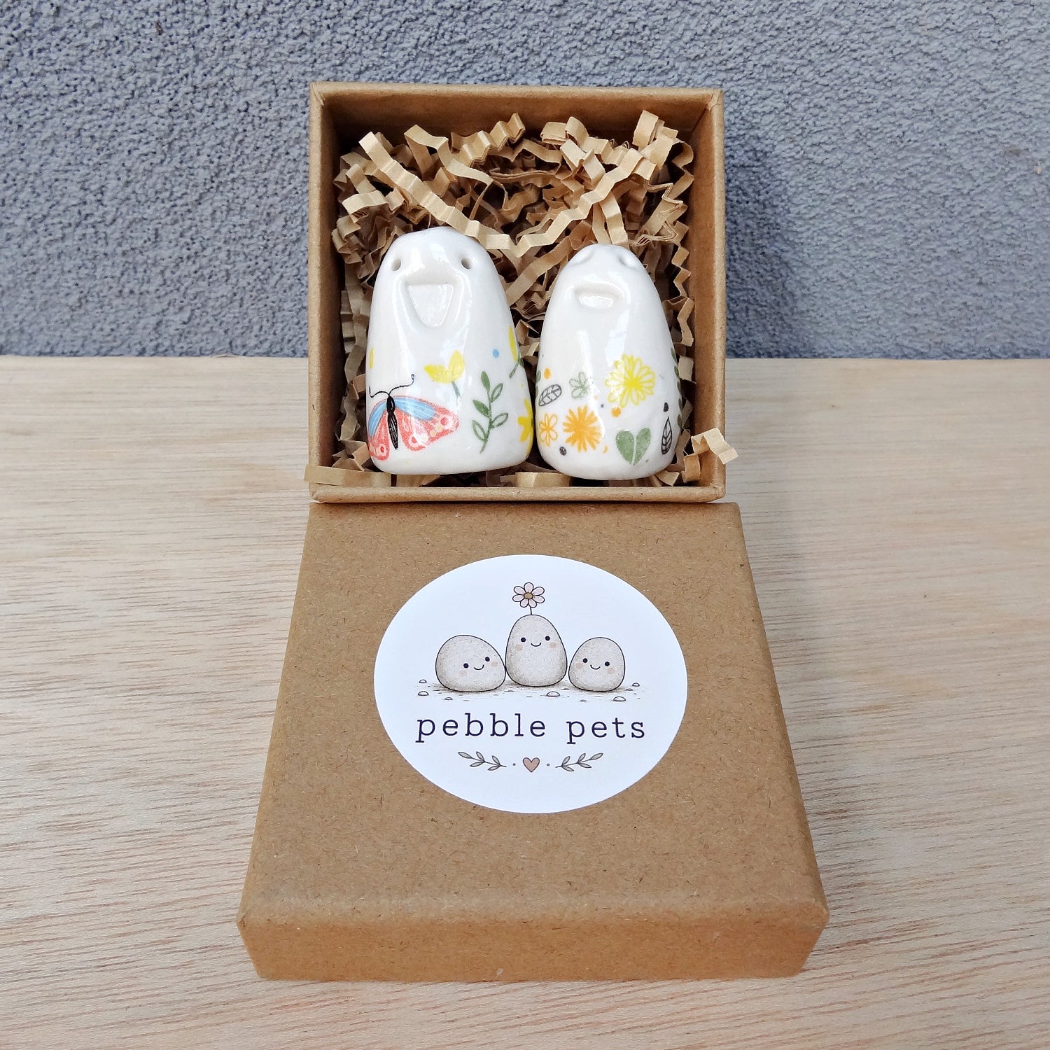 Set of 2 miniature ceramic pebble pets. Collectable tiny ceramic pottery stone friends. Handmade Whimsical Shelf or desk decor