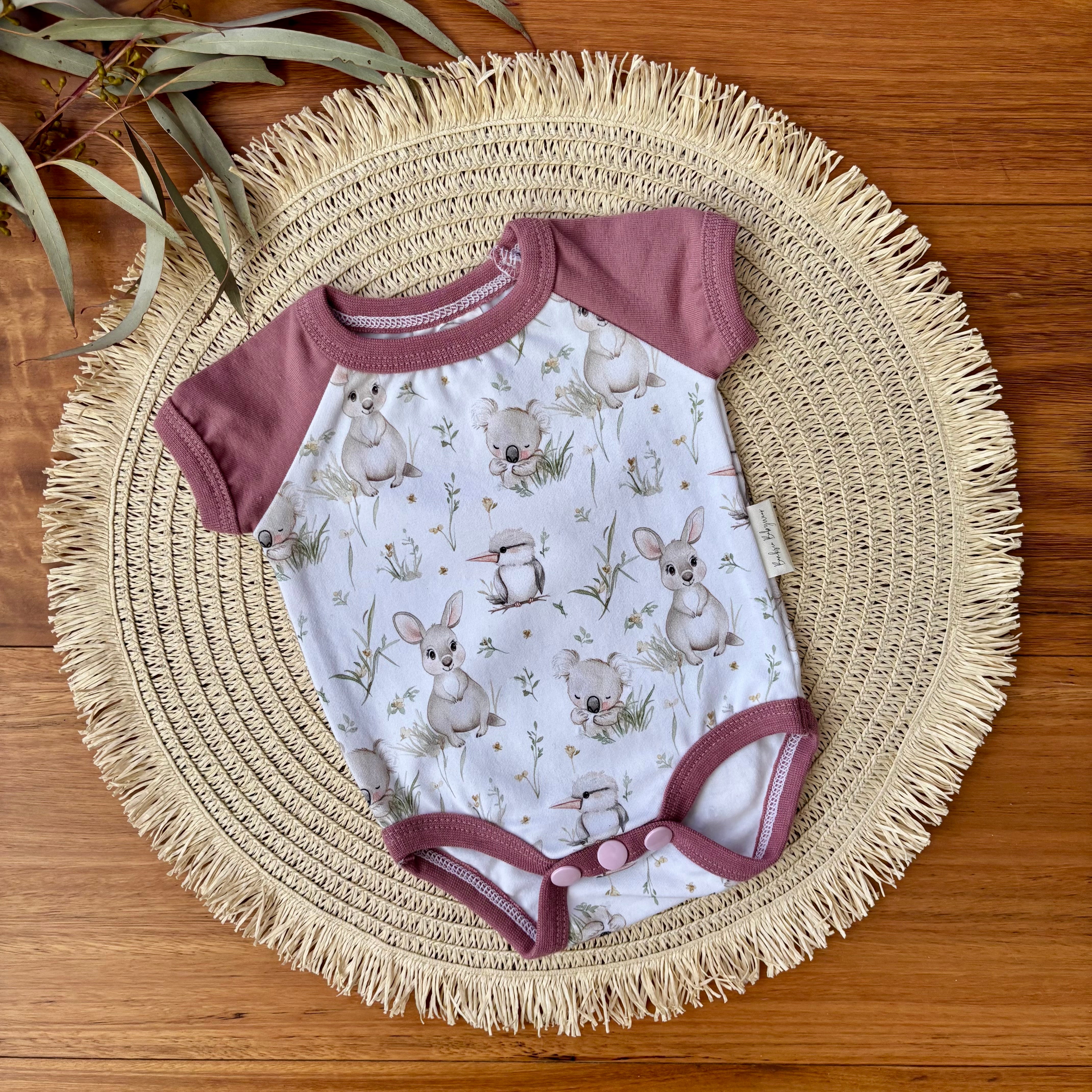 Baby Short Sleeved Bodysuit | Kangaroo Fields | Size premmie to 2 | Made to order