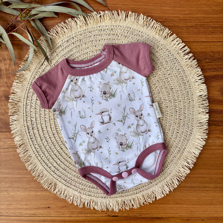 Baby Short Sleeved Bodysuit | Kangaroo Fields | Size premmie to 2 | Made to order