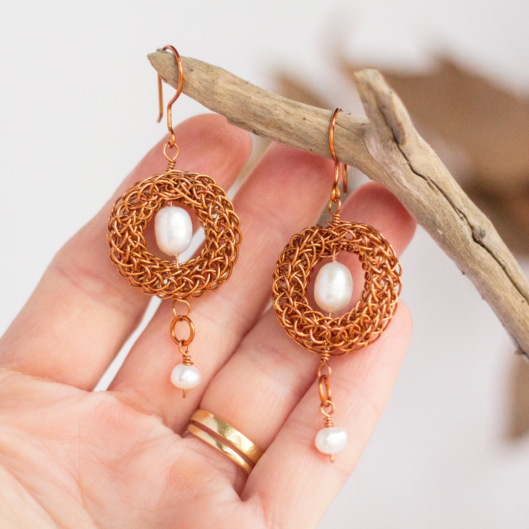 Copper Viking Wire Knit Earrings with Freshwater Pearls