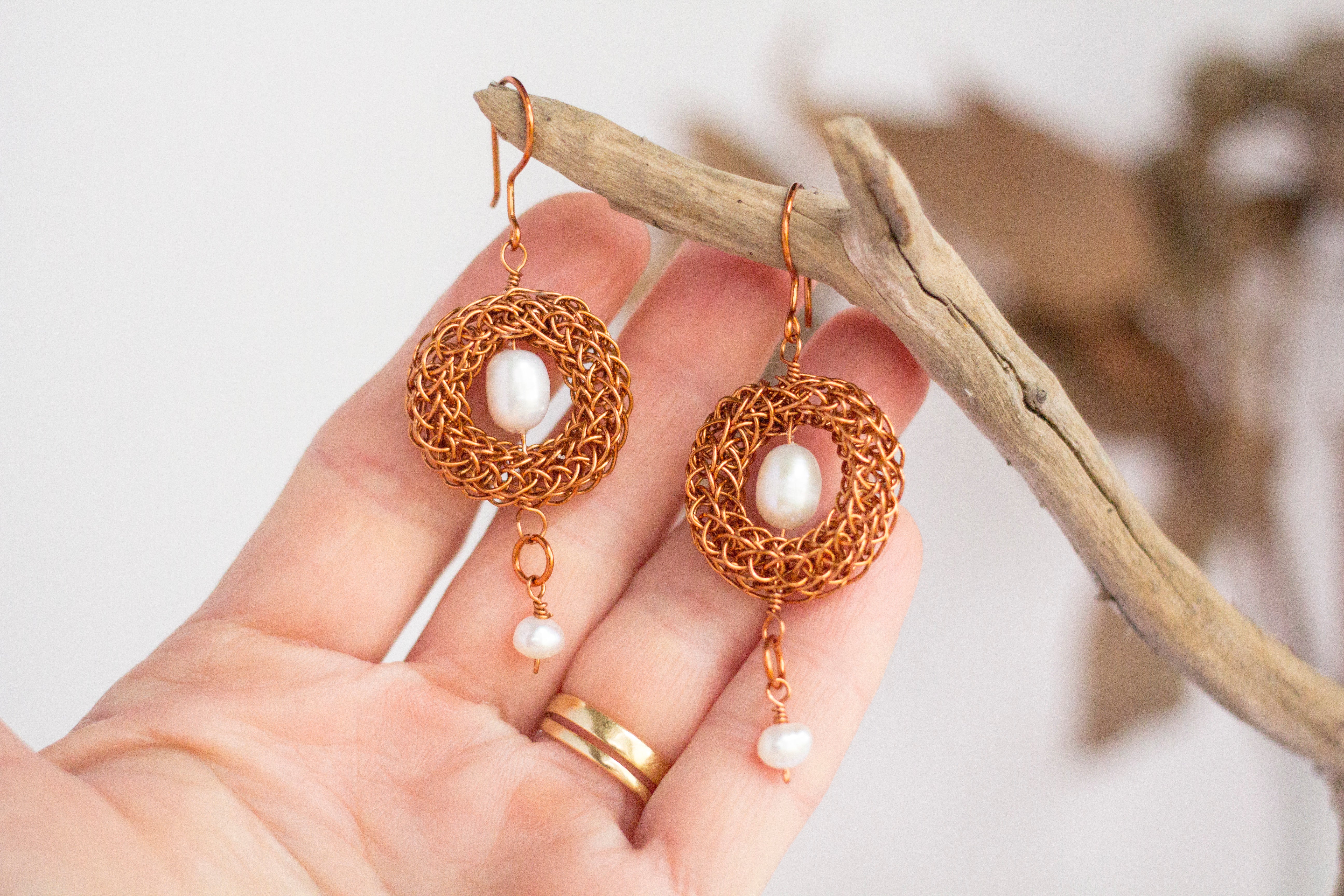 Copper Viking Wire Knit Earrings with Freshwater Pearls
