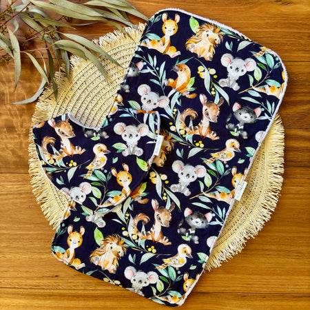 Baby Bib and Burp Cloth Set | Blue Aussie Animals | Ready to ship