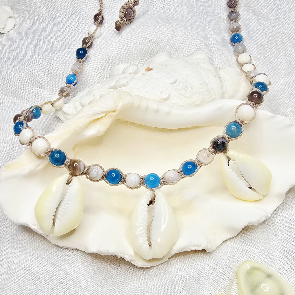 Cowrie Shell Macrame Necklace with Blue Apatite