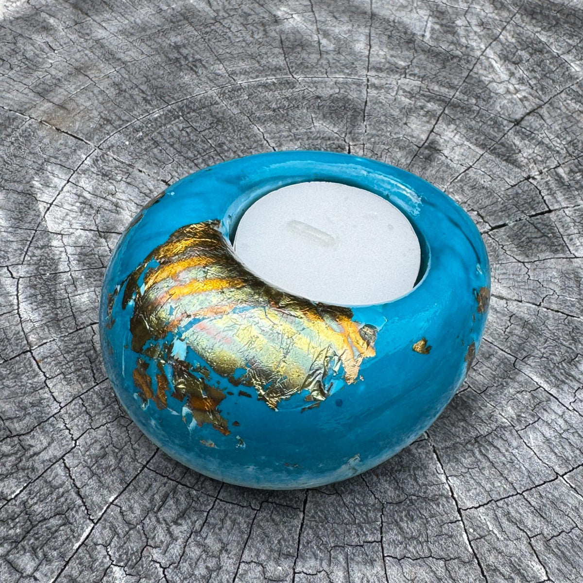 Teal and gold eco-stone pebble shaped tealight candle holder