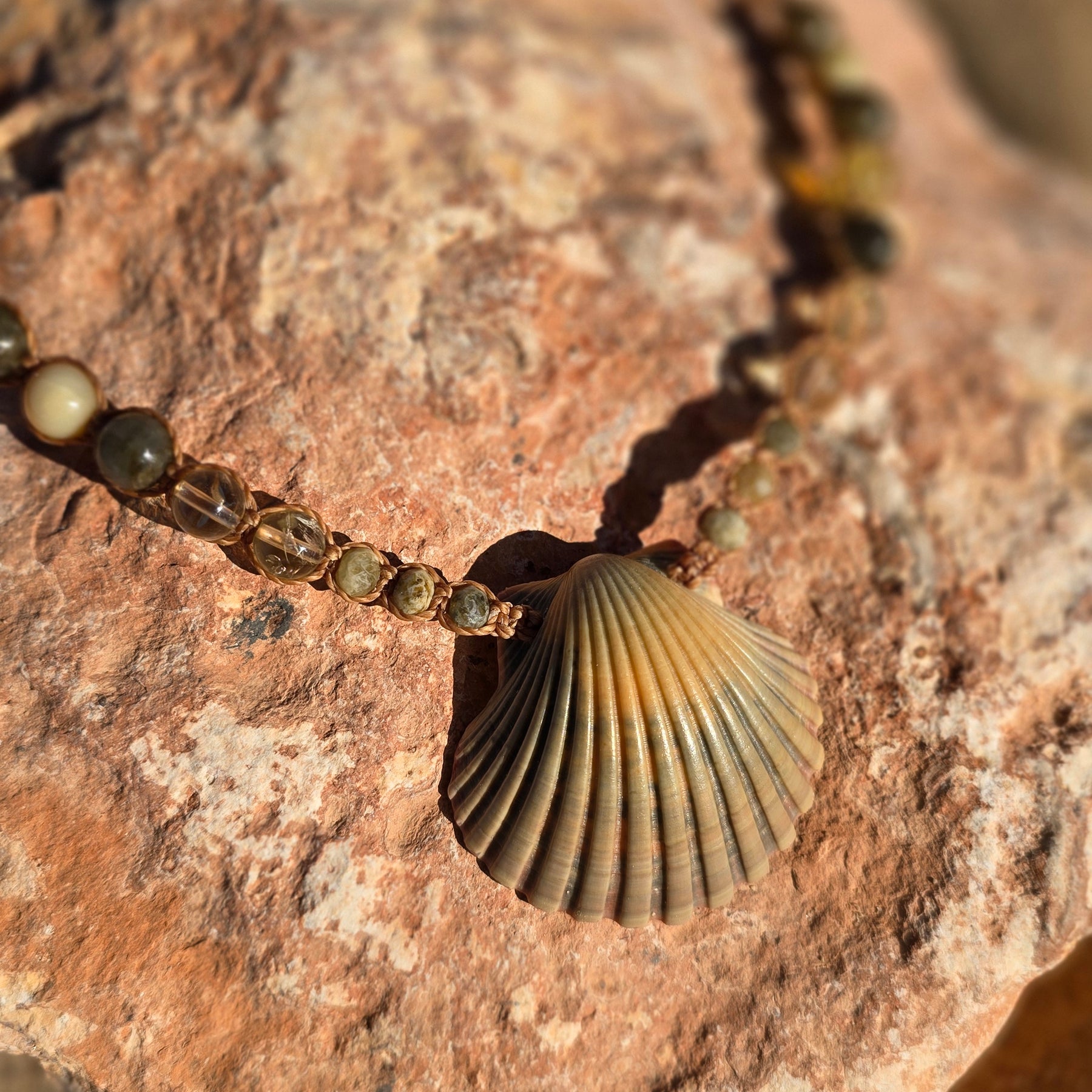 Scallop Shell Necklace with Labradorite and Yellow Opal