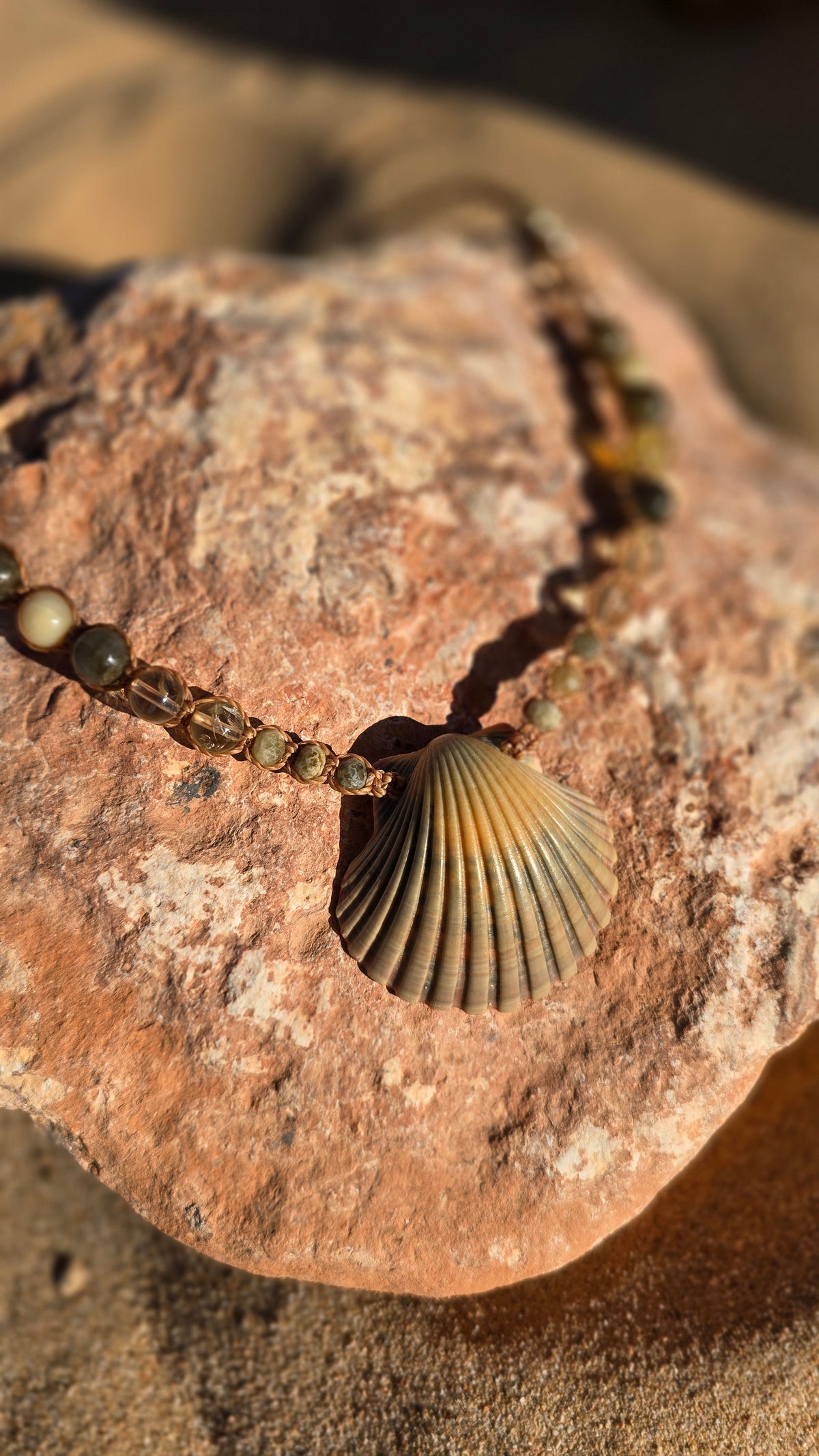 Scallop Shell Necklace with Labradorite and Yellow Opal