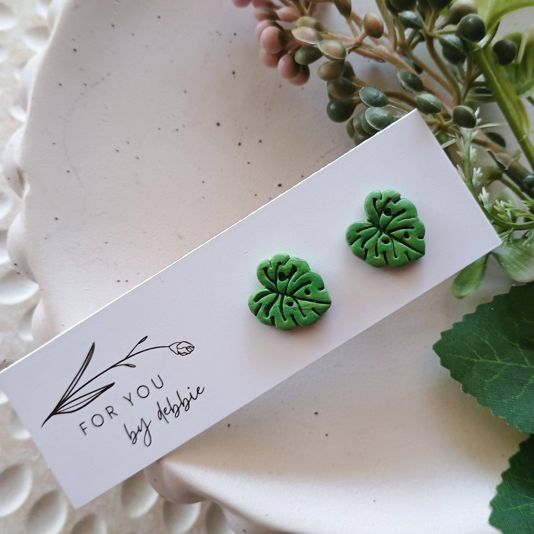 Monstera leaf polymer clay stud earrings