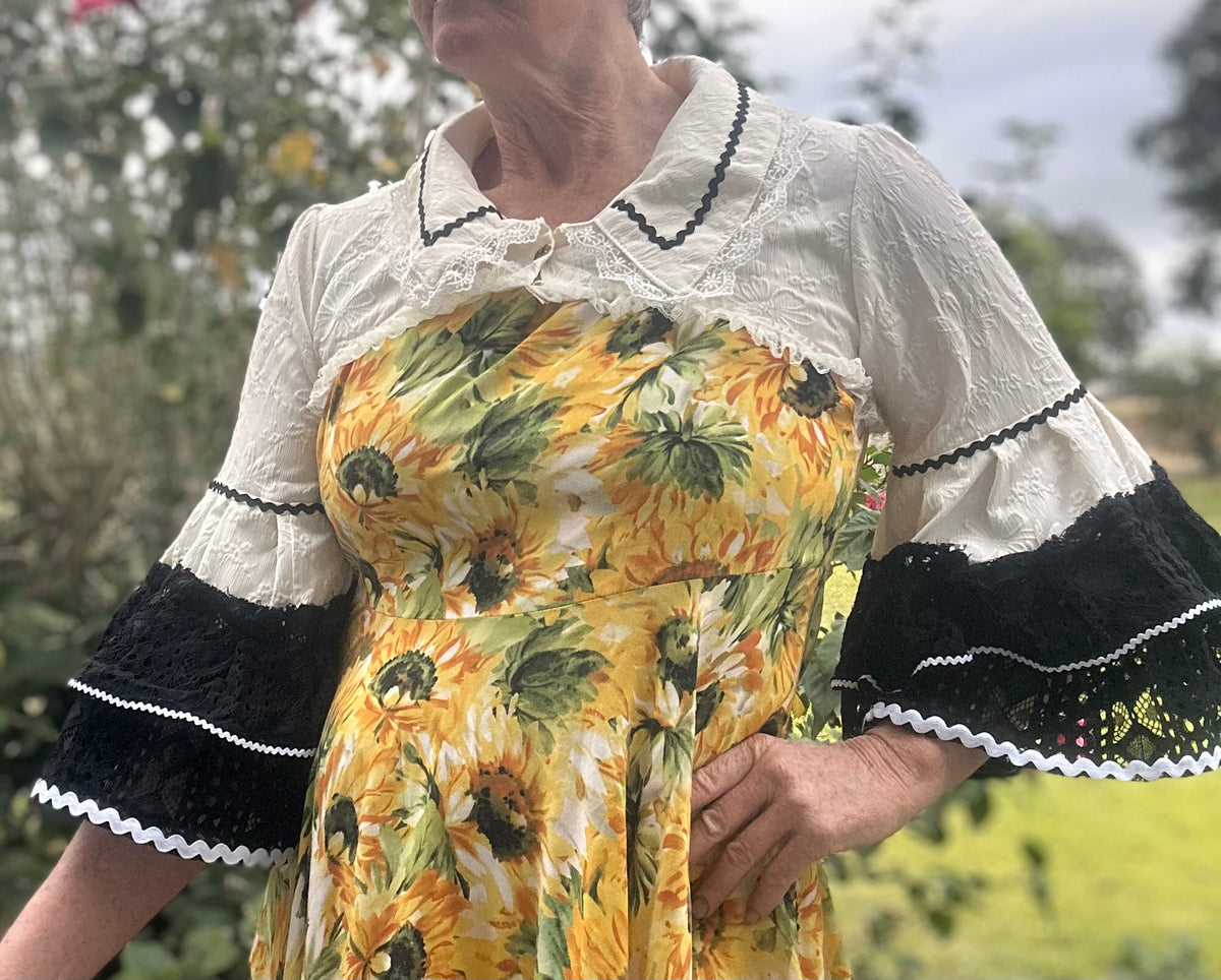 Upcycled Cream Embossed Bolero Black Lace Sleeves