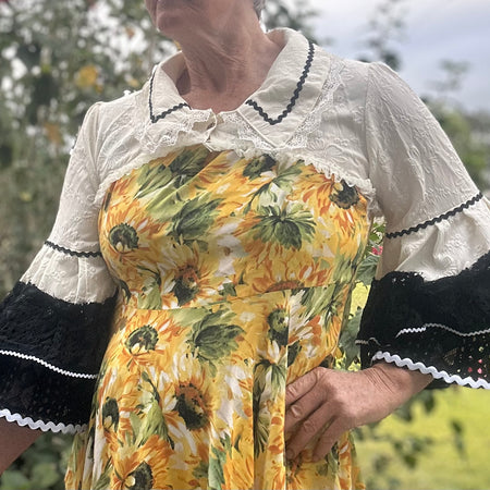 Upcycled Cream Embossed Bolero Black Lace Sleeves