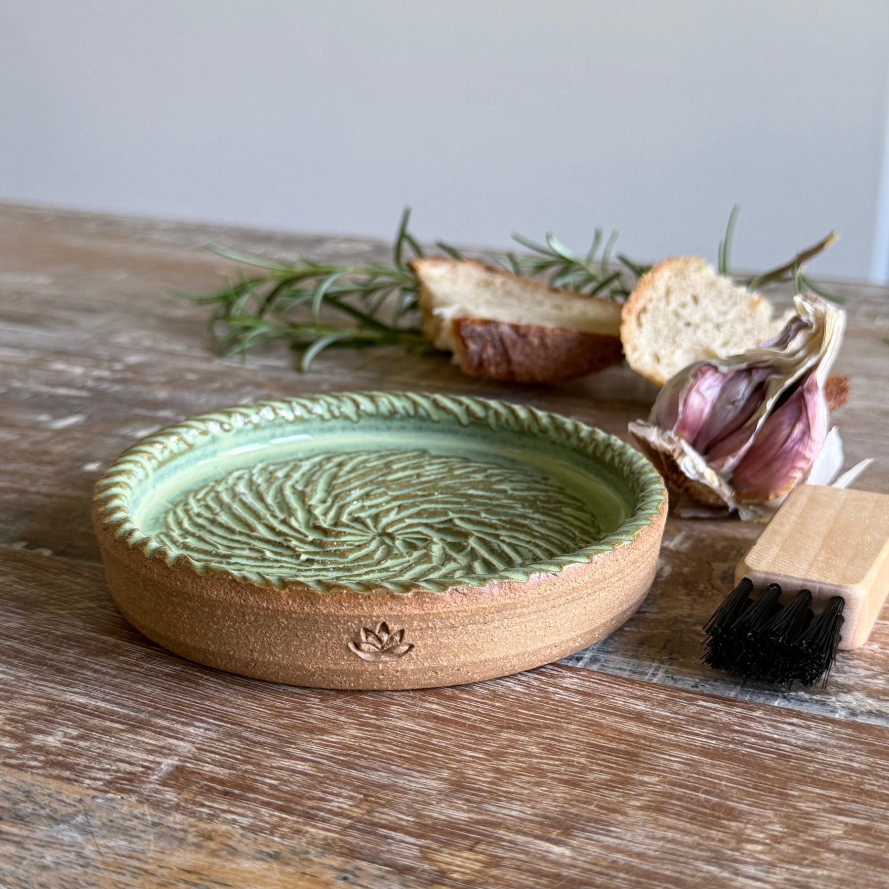 The Gathering Dish - Wheel Thrown Ceramic Garlic Grater & Dipping Dish with Brush
