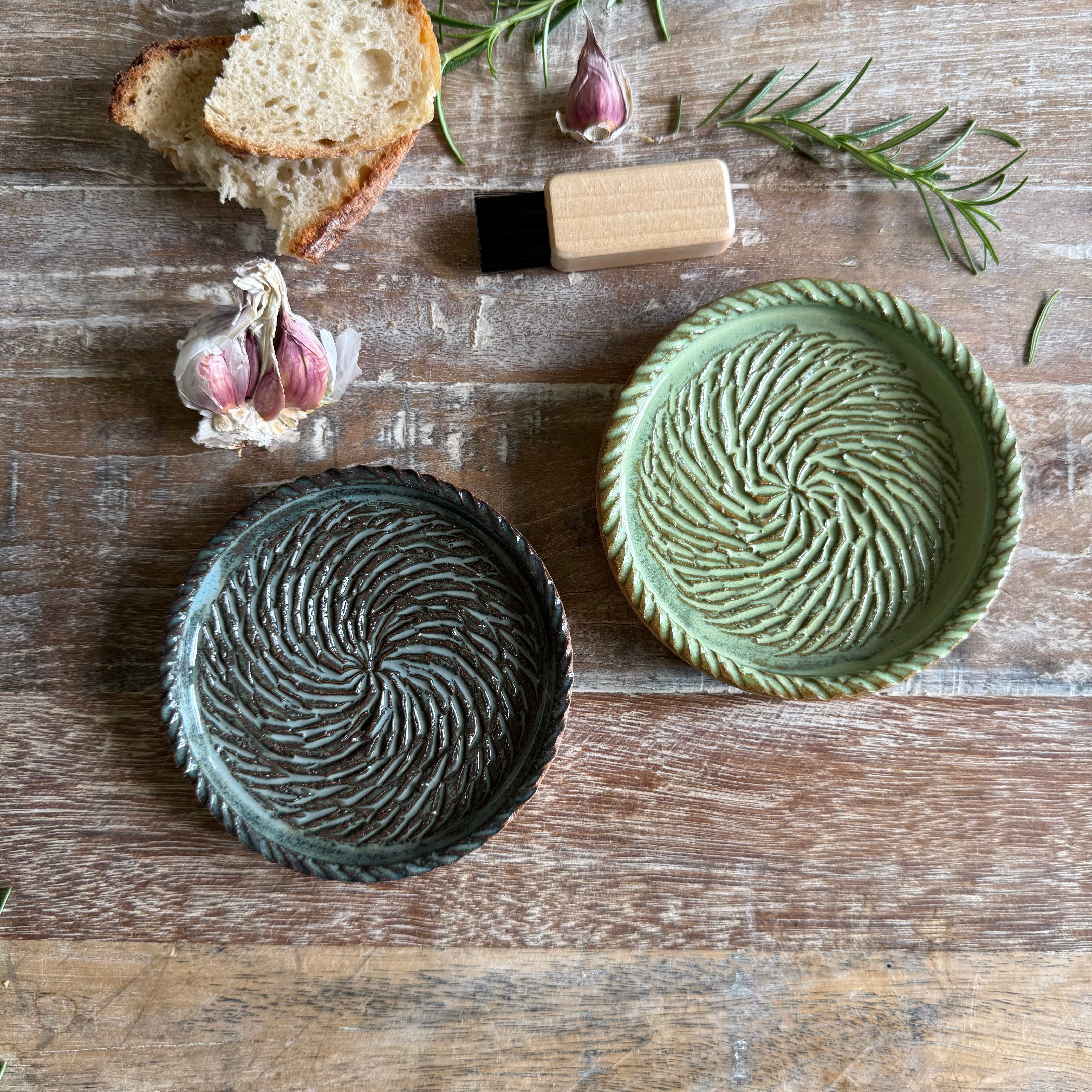 The Gathering Dish - Wheel Thrown Ceramic Garlic Grater & Dipping Dish with Brush