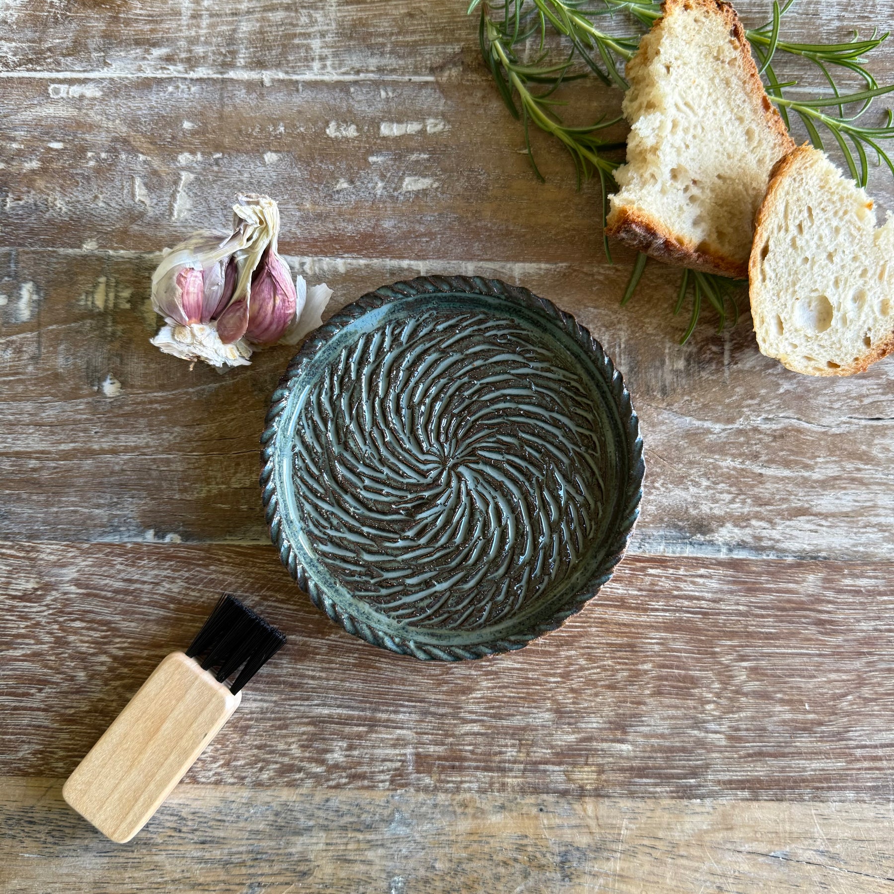 The Gathering Dish - Wheel Thrown Ceramic Garlic Grater & Dipping Dish with Brush