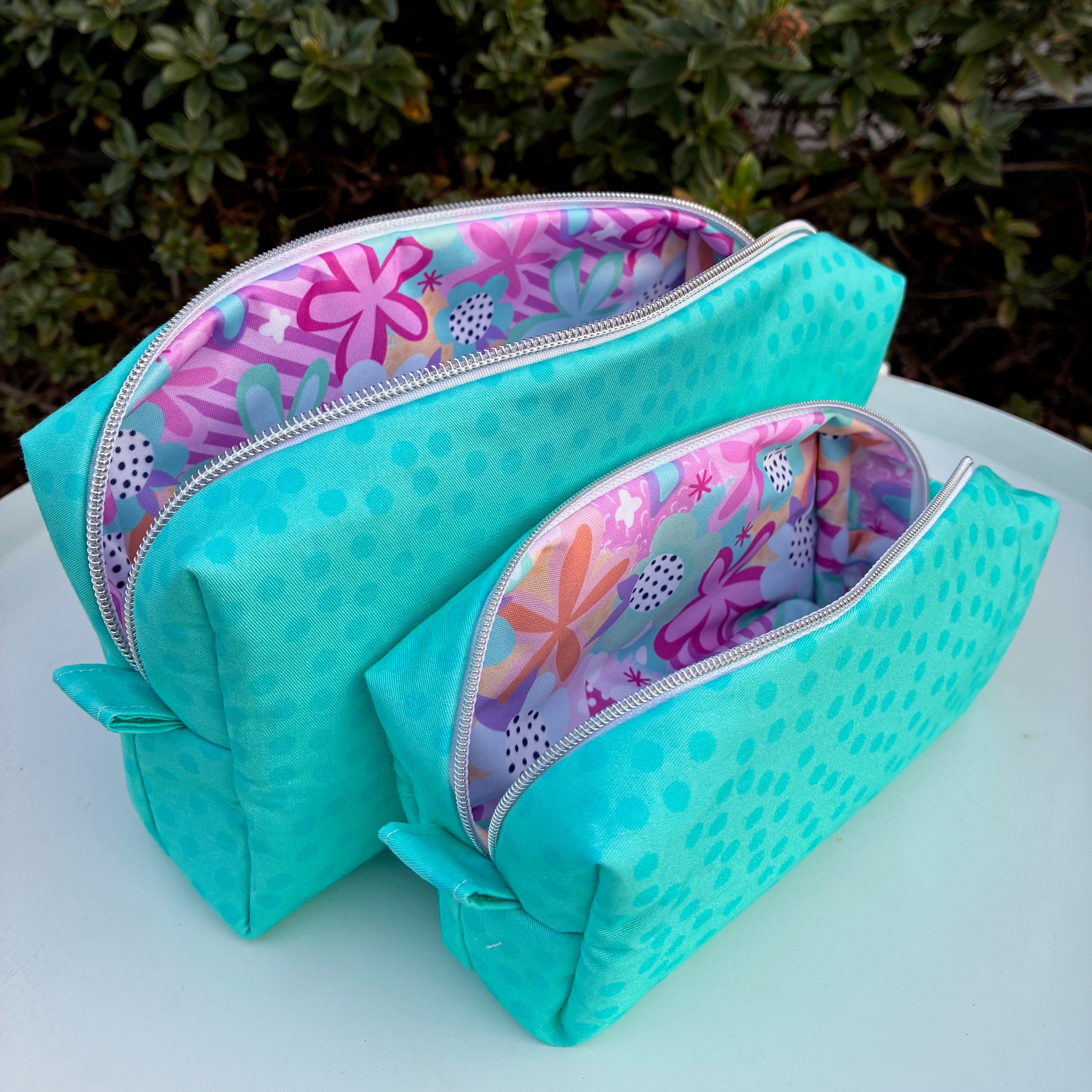 Bilby Pouch - Small Aqua Spots lined with Spring Bloom (Wonderland Design Co)