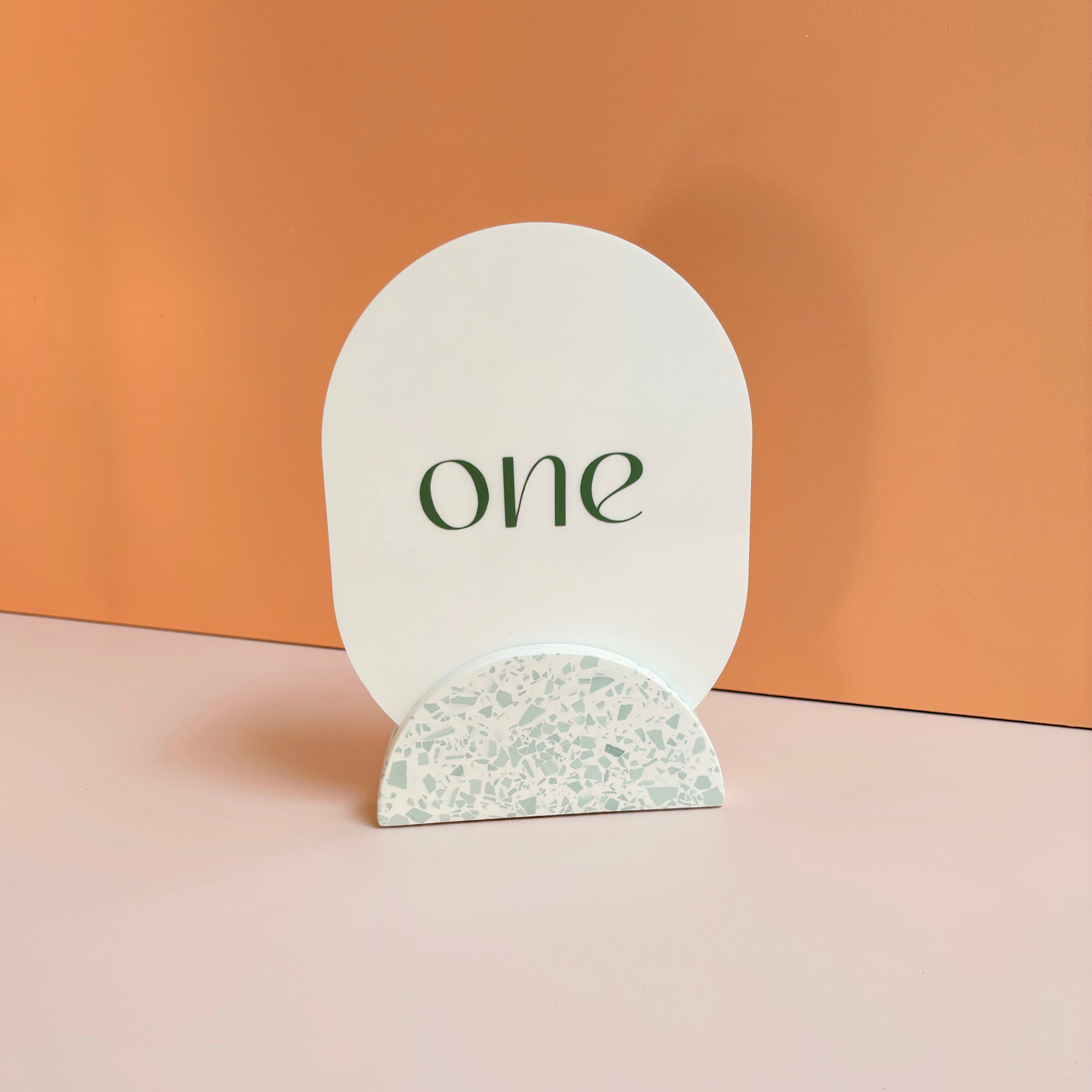 Wedding table numbers, green and white eco resin terrazzo