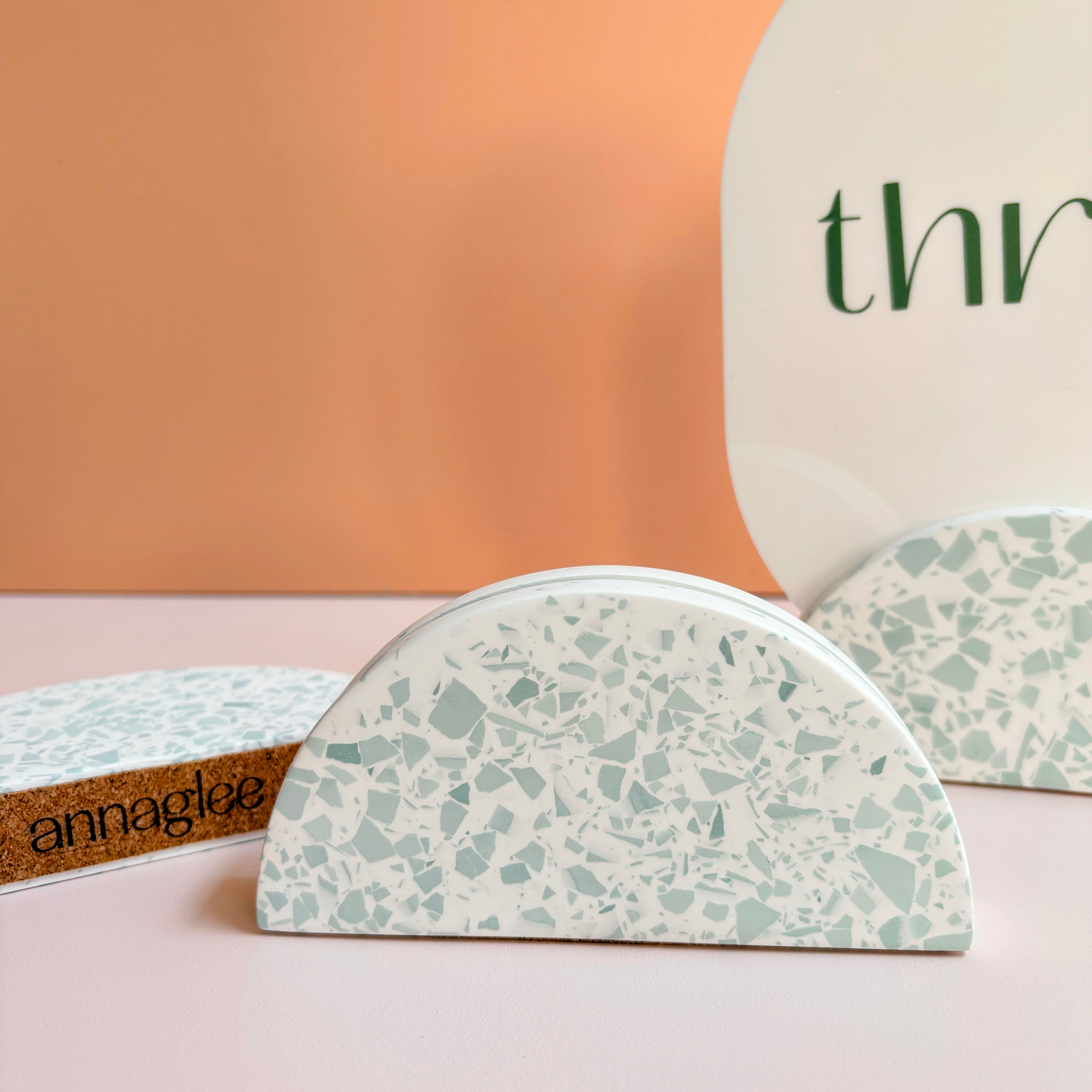 Wedding table numbers, green and white eco resin terrazzo