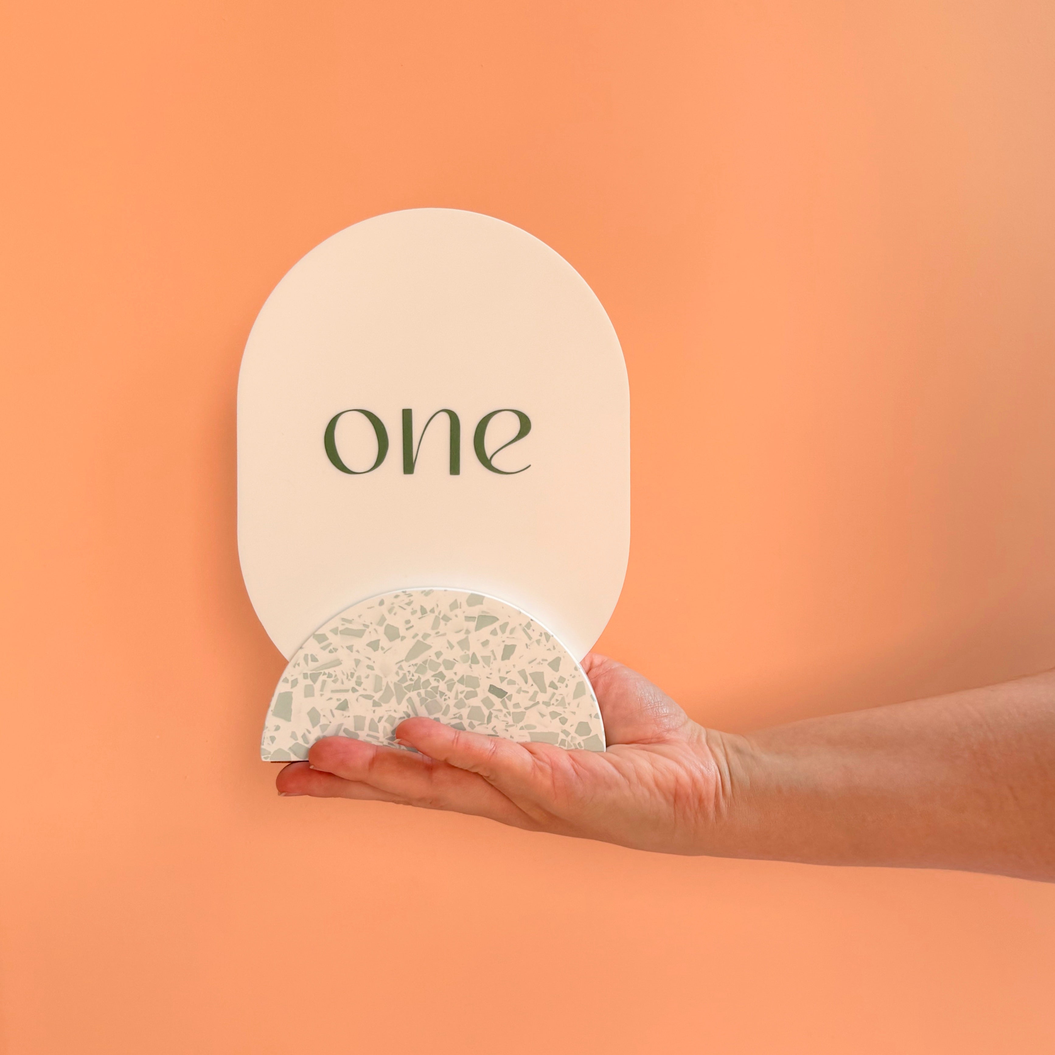 Wedding table numbers, green and white eco resin terrazzo