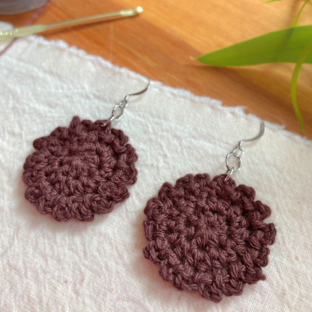 Earthy Brown Rippled Round - Handmade Cotton Crochet Dangle Earrings