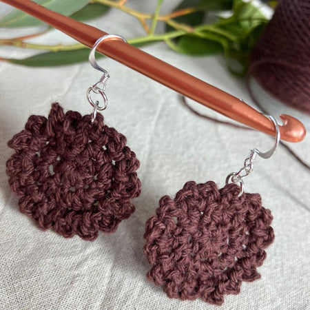 Earthy Brown Rippled Round - Handmade Cotton Crochet Dangle Earrings