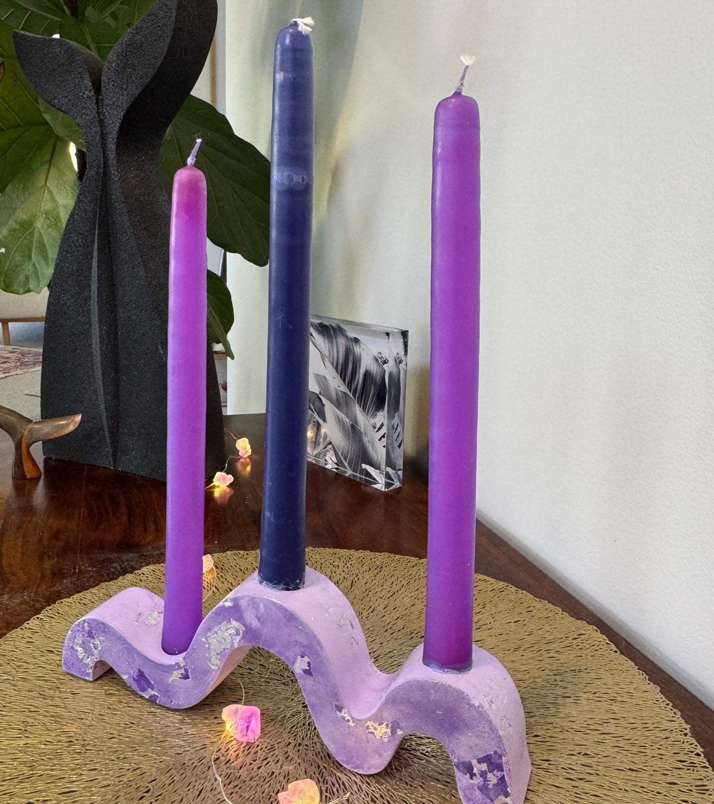 Lilac and silver wave concrete holder for 3 taper candles