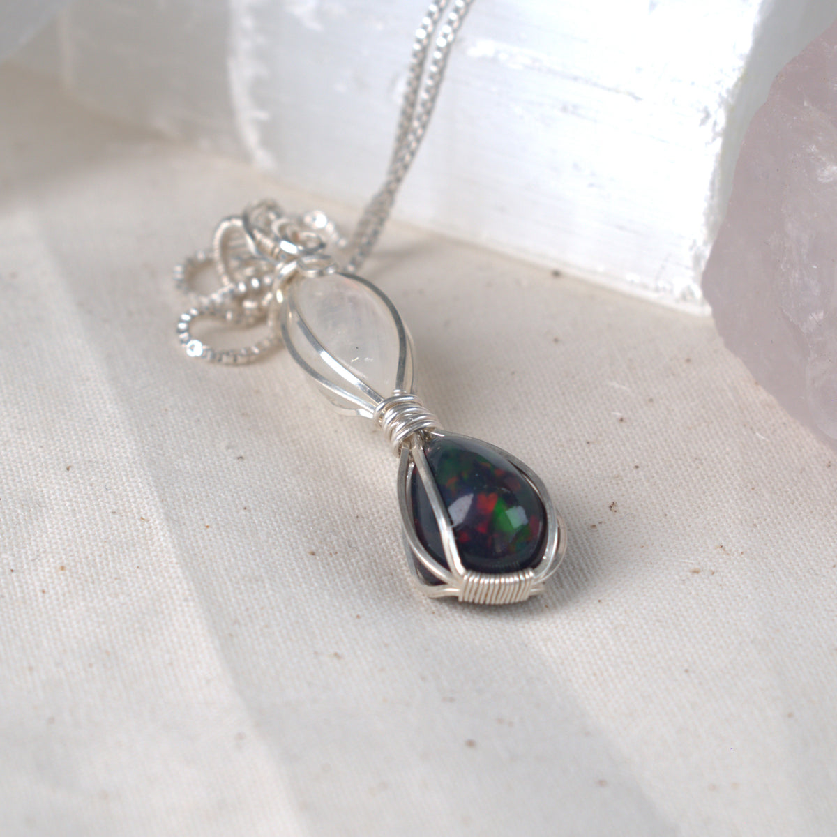 Moon Fire - Black Opal & Moonstone Wire Wrapped Pendant