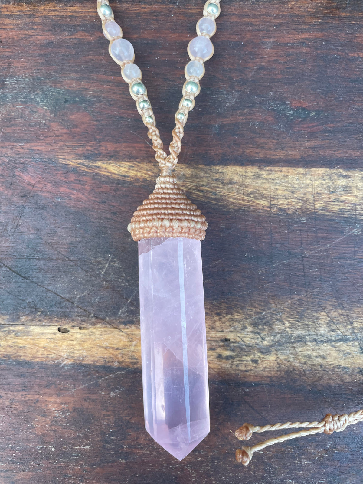 Rose quartz Pendant, double pointed crystal, Macrame necklace,