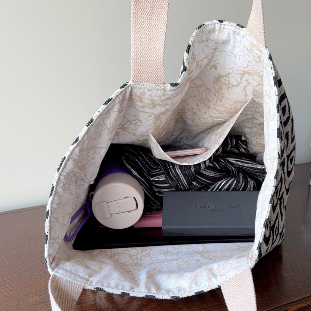 Handmade Black and White Tote Bag | Large Work Tote with Zip Pocket | Australian Made