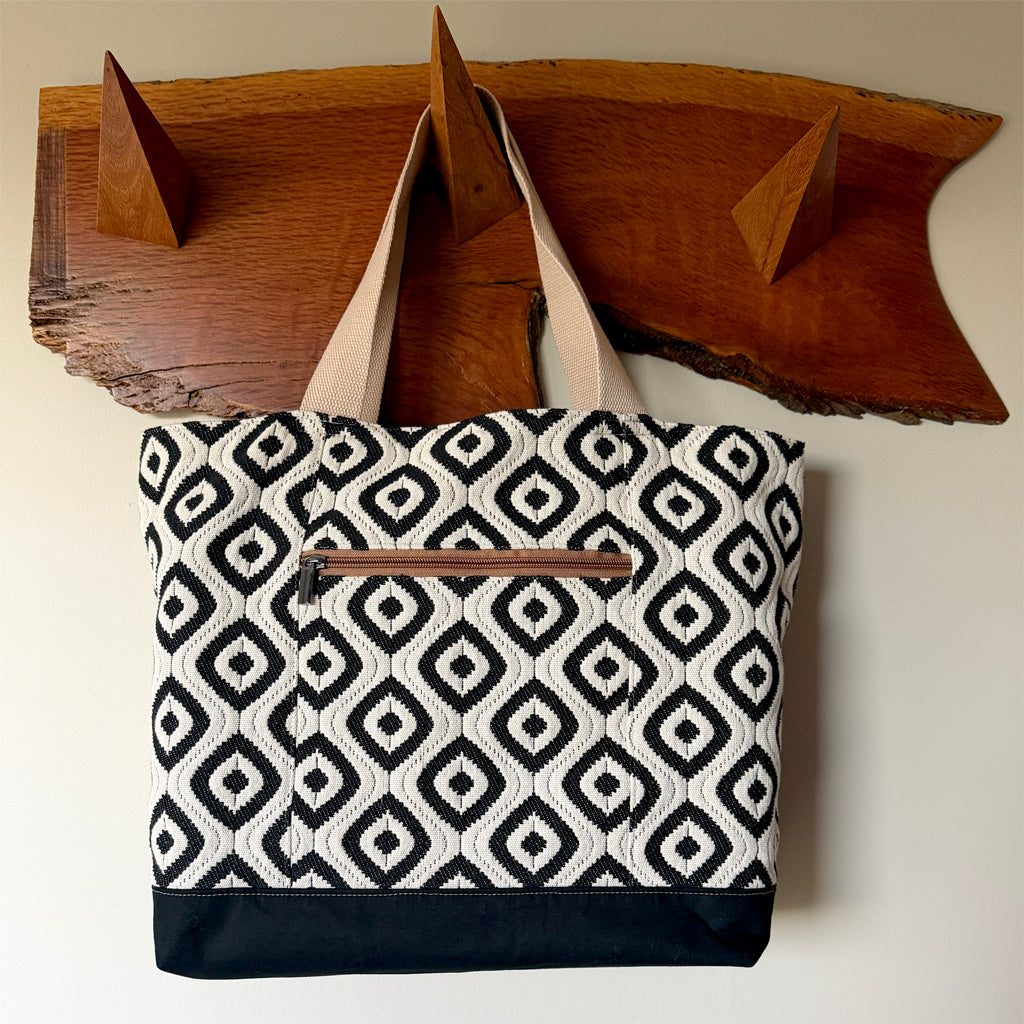 Handmade Black and White Tote Bag | Large Work Tote with Zip Pocket | Australian Made