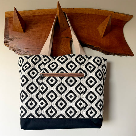 Handmade Black and White Tote Bag | Large Work Tote with Zip Pocket | Australian Made