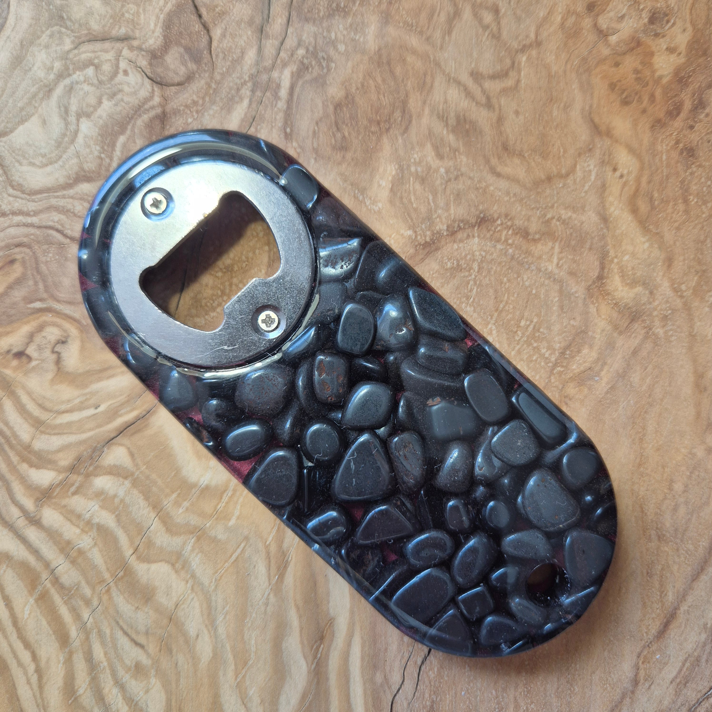 Resin bottle openers with inlaid semi-precious gemstones or sea glass