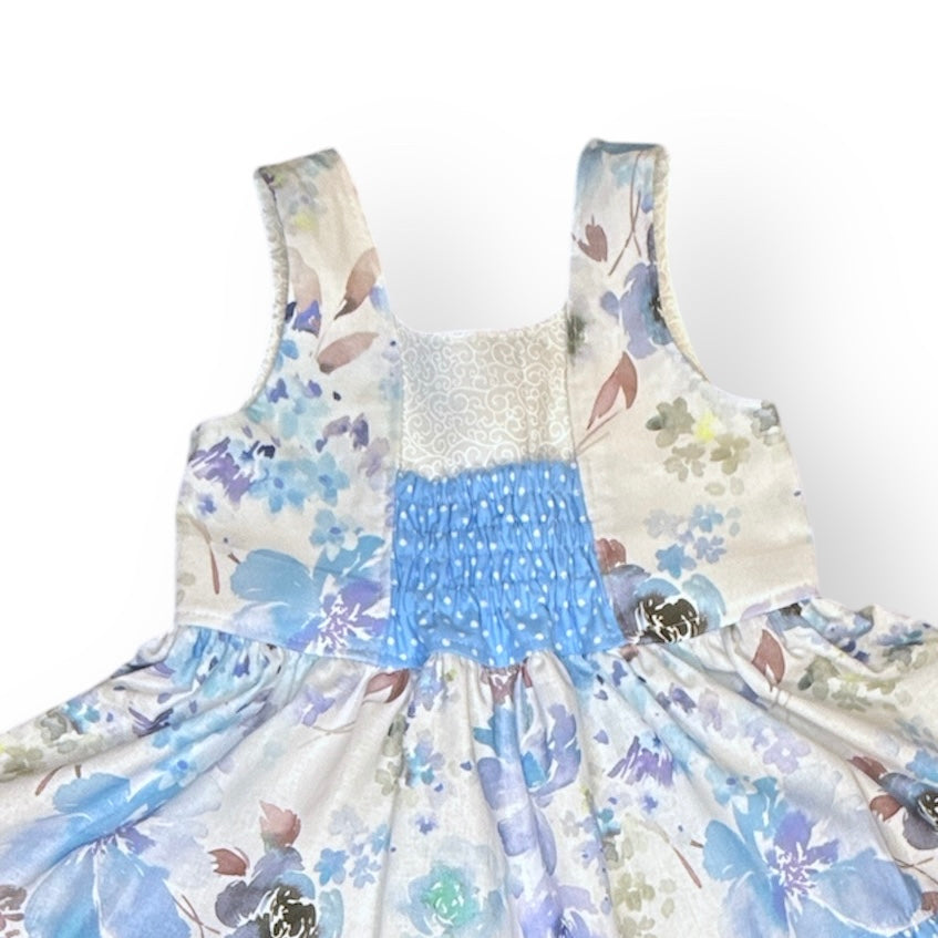 SIZE 3 Peony Dress - Blue watercolour Floral, Blue spots