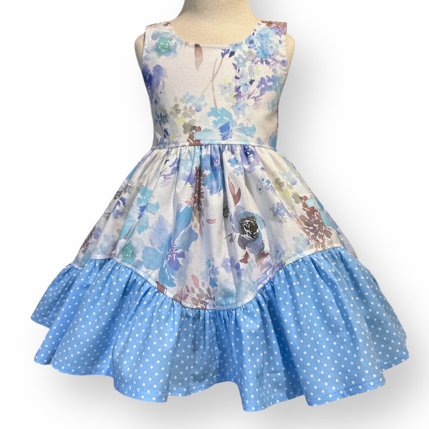 SIZE 3 Peony Dress - Blue watercolour Floral, Blue spots