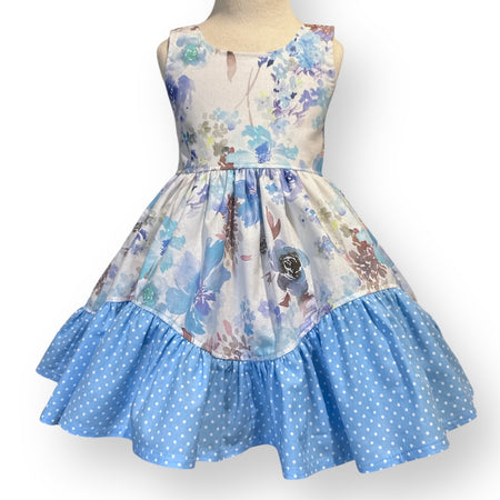 SIZE 3 Peony Dress - Blue watercolour Floral, Blue spots