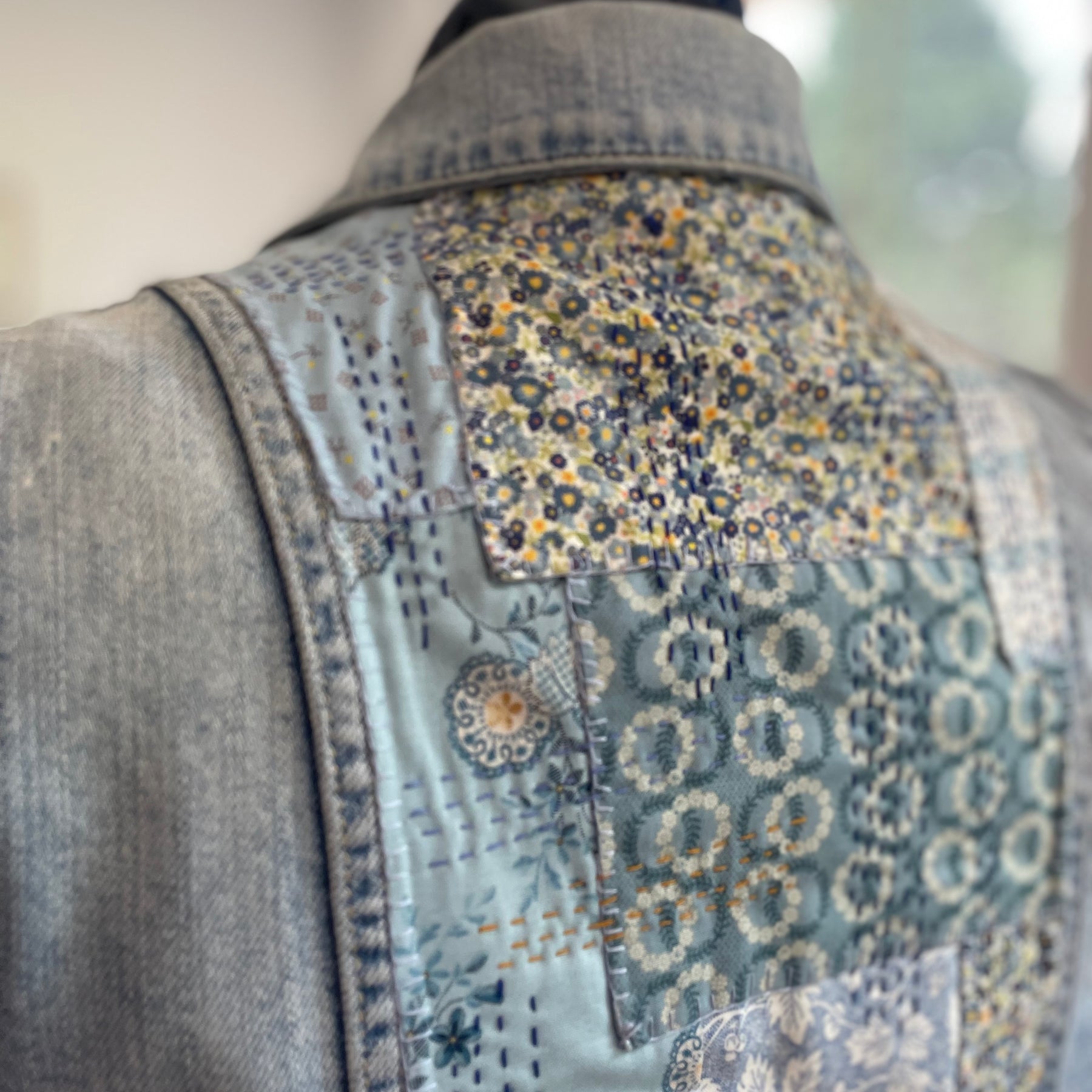 Sashiko Floral Denim Jacket Upcycled Wearable Art