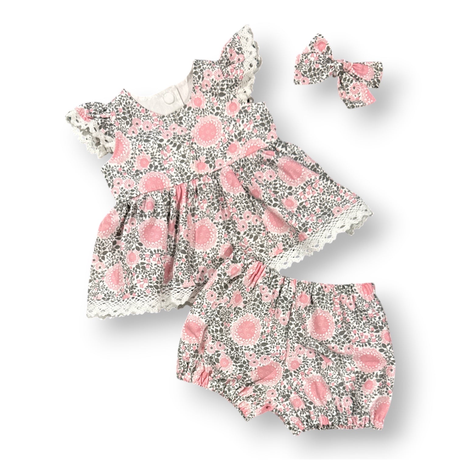 SIZE 000 Baby Dress and Bloomers Set | Pink swirl Flower with cotton Lace