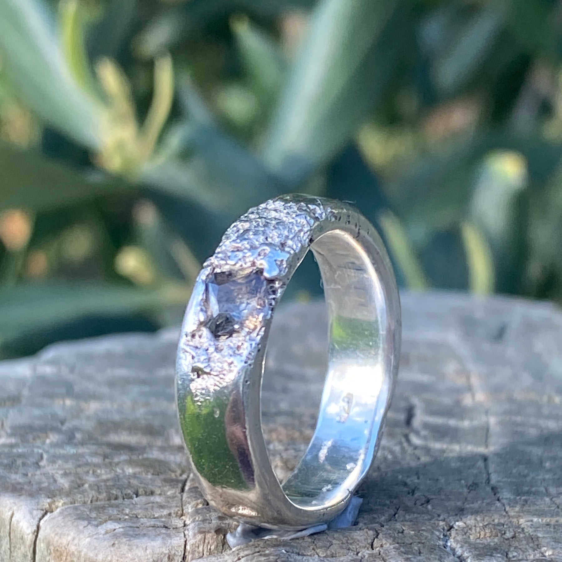 Rockpool Ring – Beach Sand Cast Sterling Silver & Smoky Nanosital – Size N