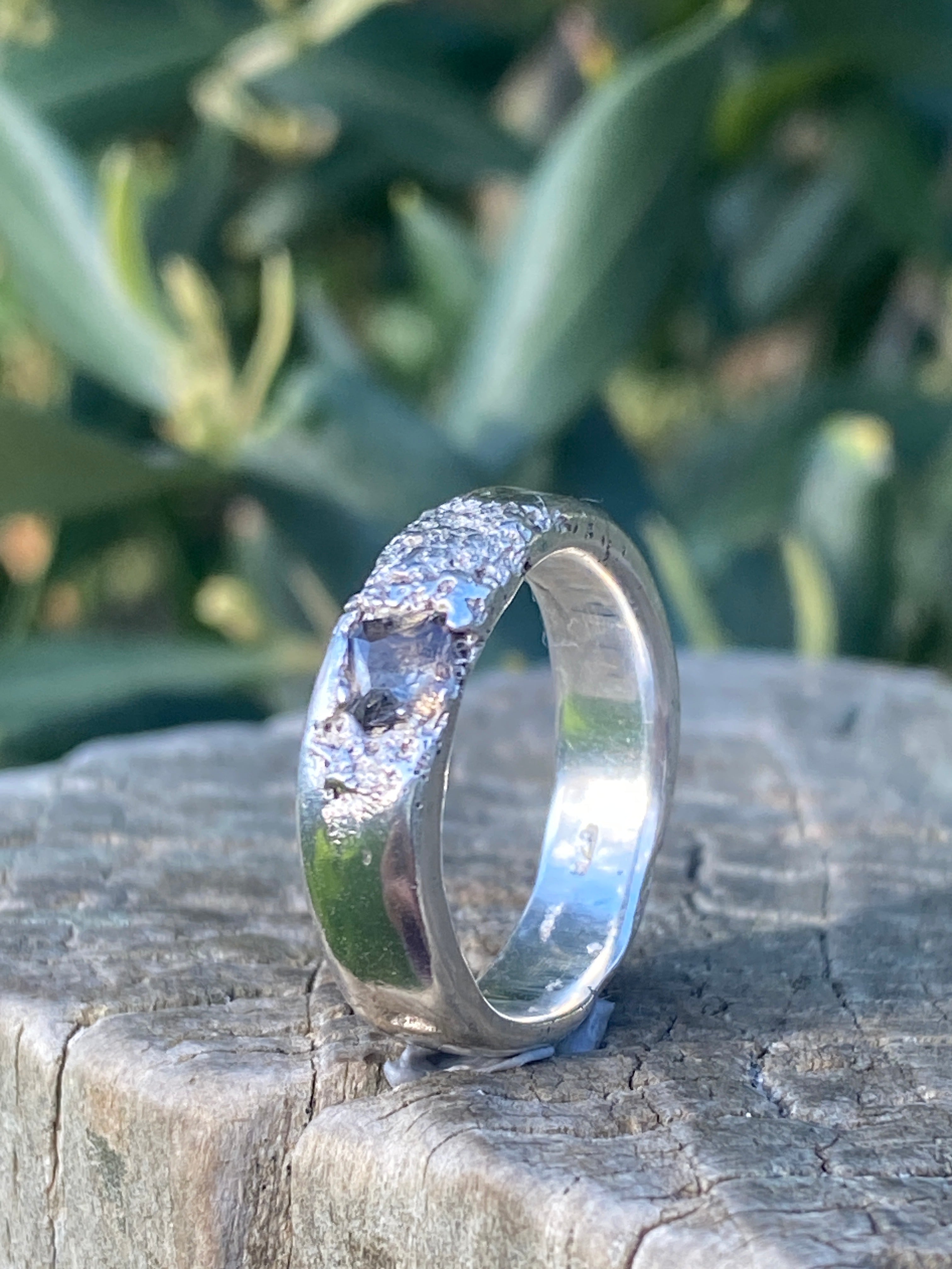 Rockpool Ring – Beach Sand Cast Sterling Silver & Smoky Nanosital – Size N