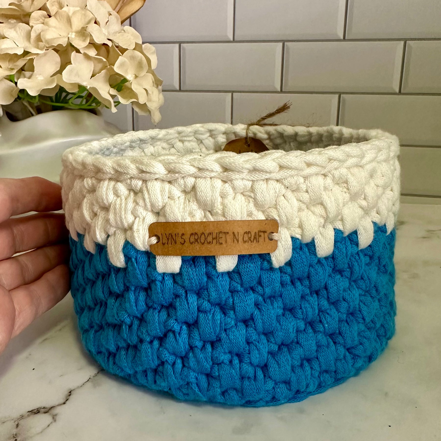 Handmade Blue and White Crochet  Basket