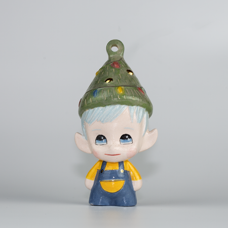 Handmade Porcelain Christmas ornament. One-of-a-kind. Jolli, the Christmas Cheer Elf.