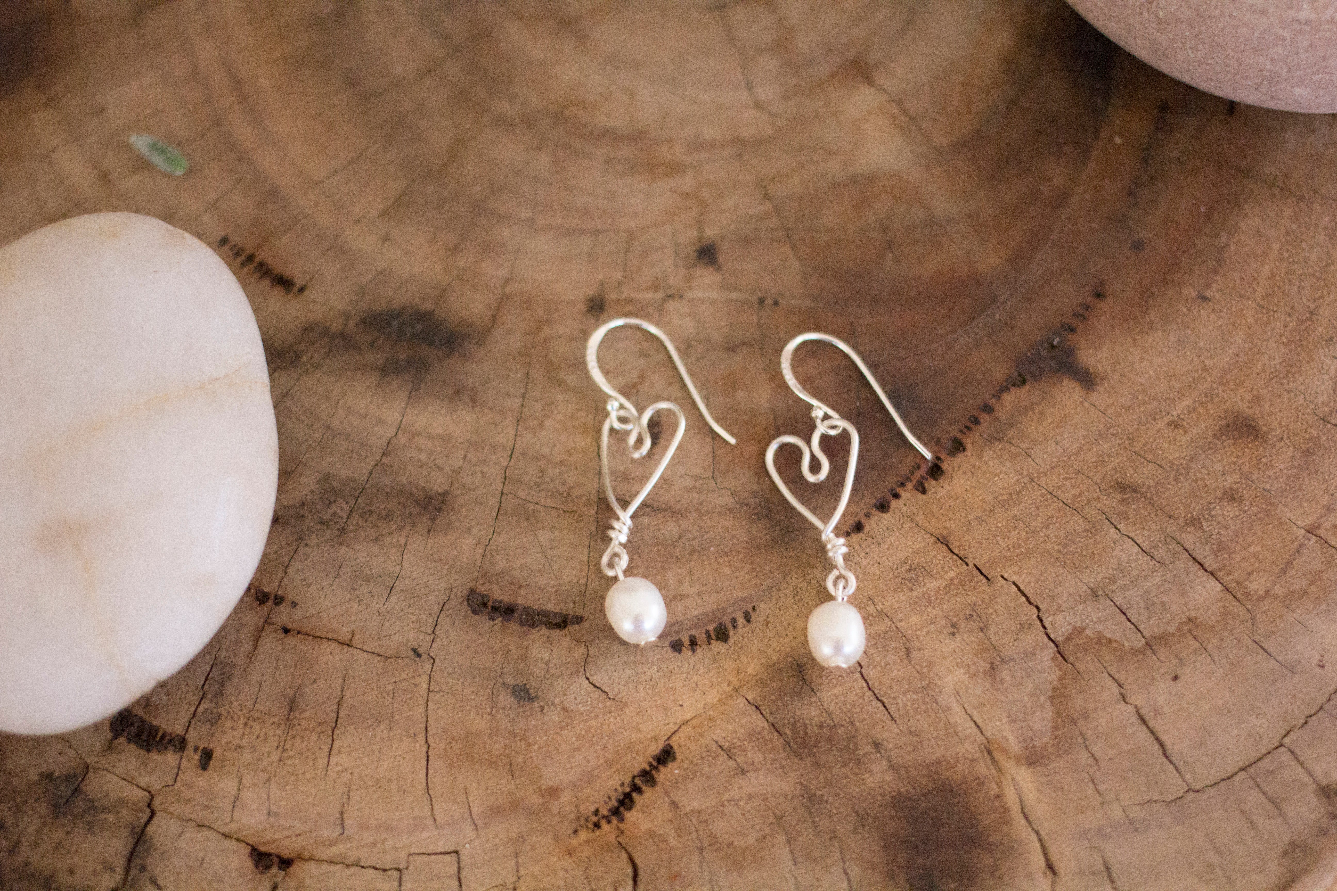 Silver Heart Earrings with Freshwater Pearls