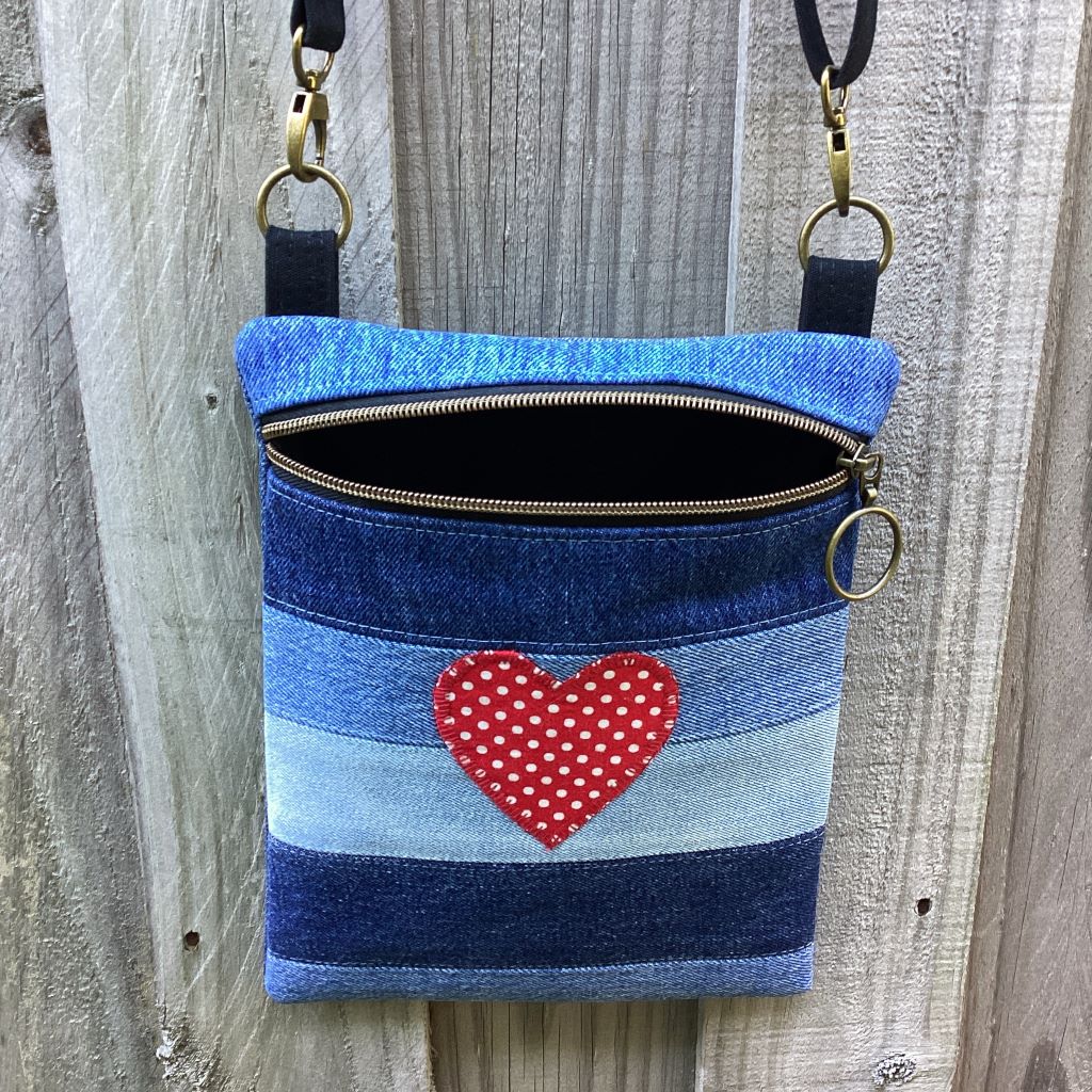 Upcycled Denim Crossbody Bag - Red Polka Dot Heart