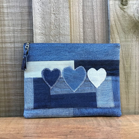 Upcycled Denim Pencil case – 3 Denim Hearts