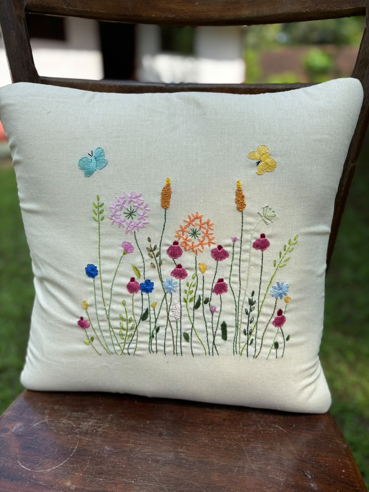 Hand Embroidered Floral Garden Cushion/ Pillow Cover