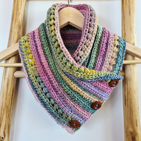 Ladies Neck warmer | Cowl | Scarf | Rainbow | Adult | Vintage | Crochet | Buttoned