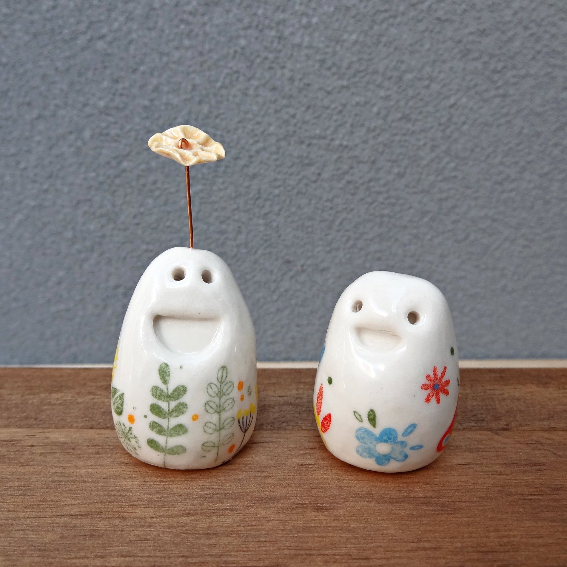 Set of 2 miniature ceramic pebble pets. Collectable tiny ceramic pottery stone friends. Handmade Whimsical Shelf or desk decor
