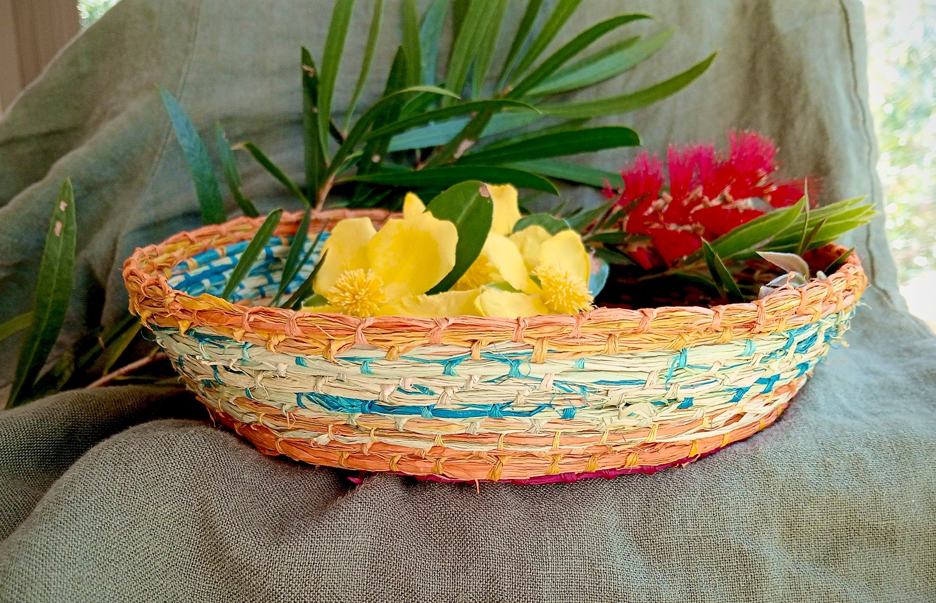Wide Colourful Raffia Basket