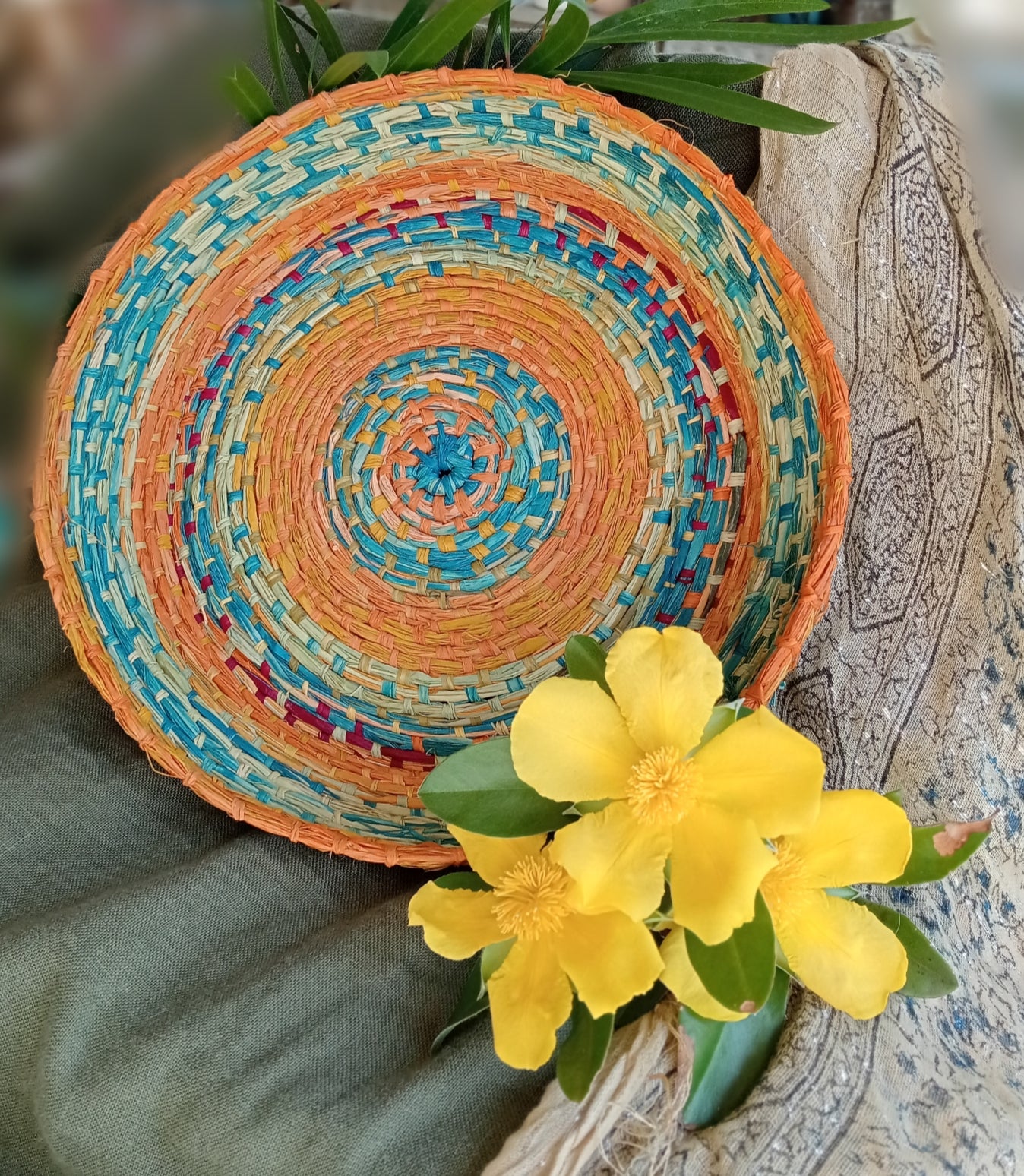 Wide Colourful Raffia Basket