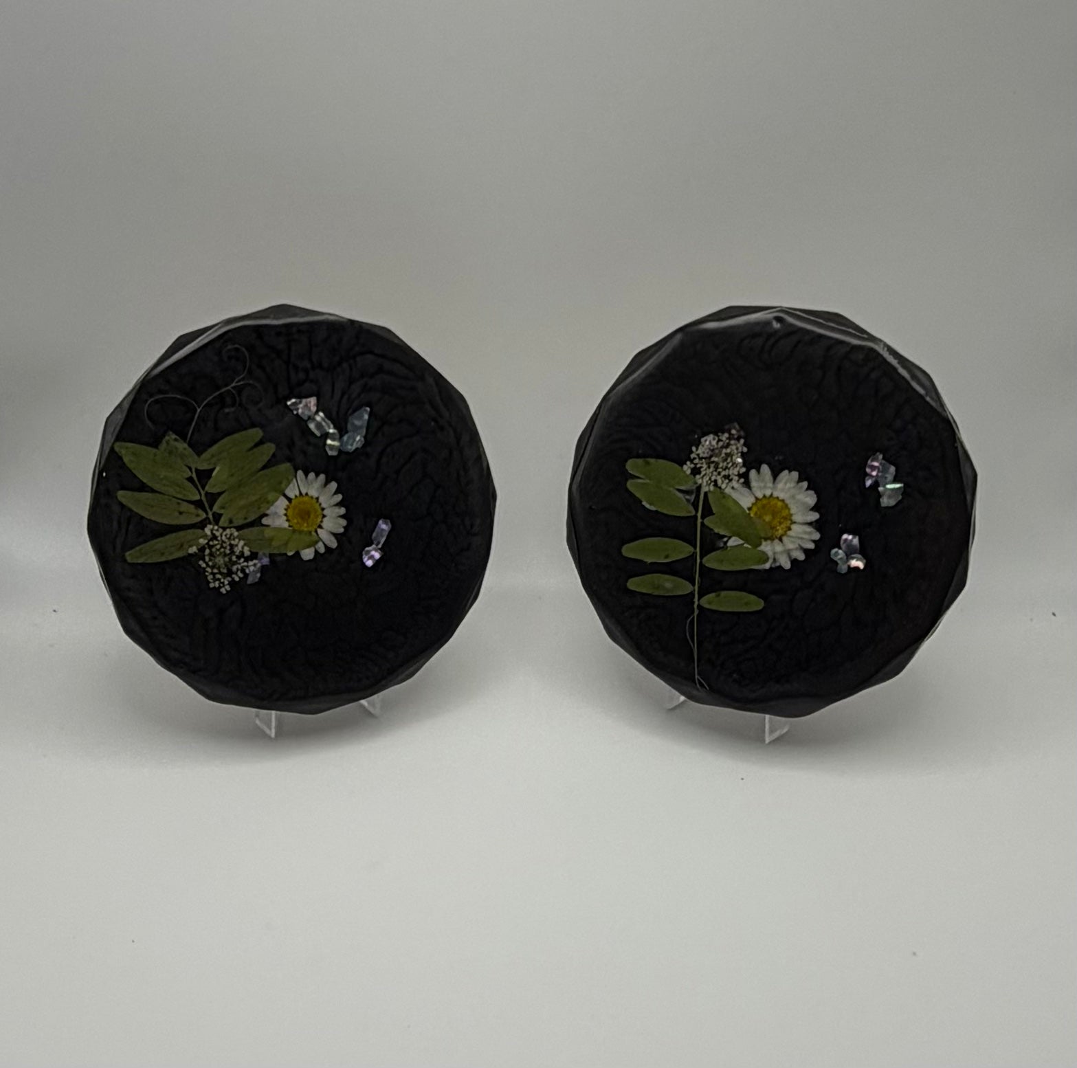 Handcrafted pressed white flower Resin Coasters - set of 4