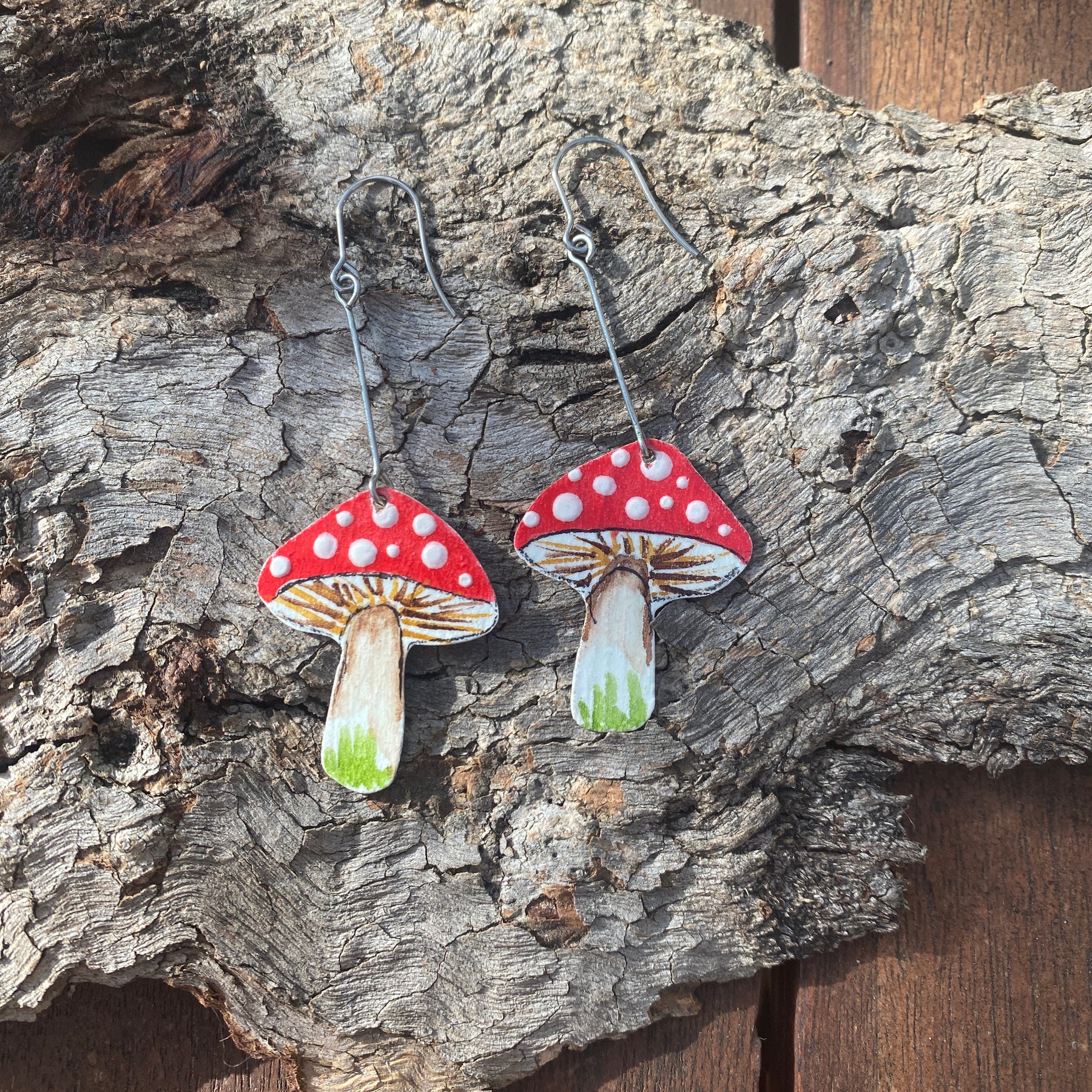 Small Toadstool Earrings – Hand-painted Brass Jewellery